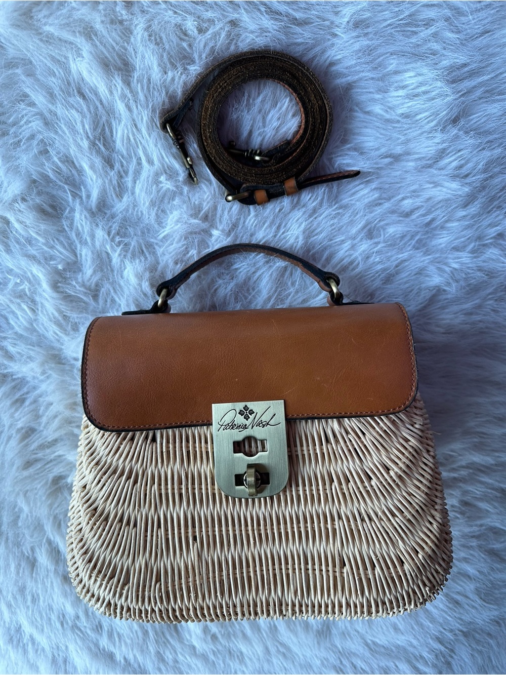 Patricia Nash Tan Leather & Woven Straw Crossbody Bag basket satchel - Picture 4 of 16